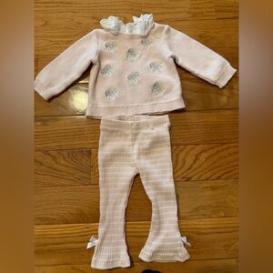 Light pink and white bow baby outfit pants and sweater set